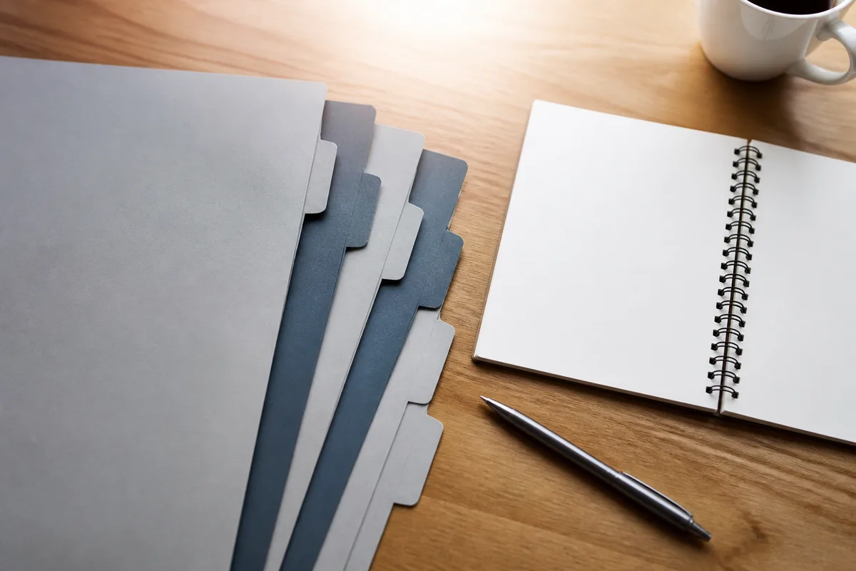 Bureau de travail avec dossiers classés et carnet de notes ouvert