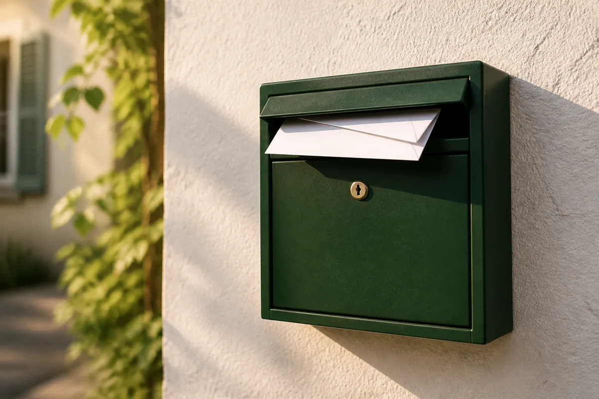 Boîte aux lettres en métal sur un mur clair, courrier dépassant de la fente